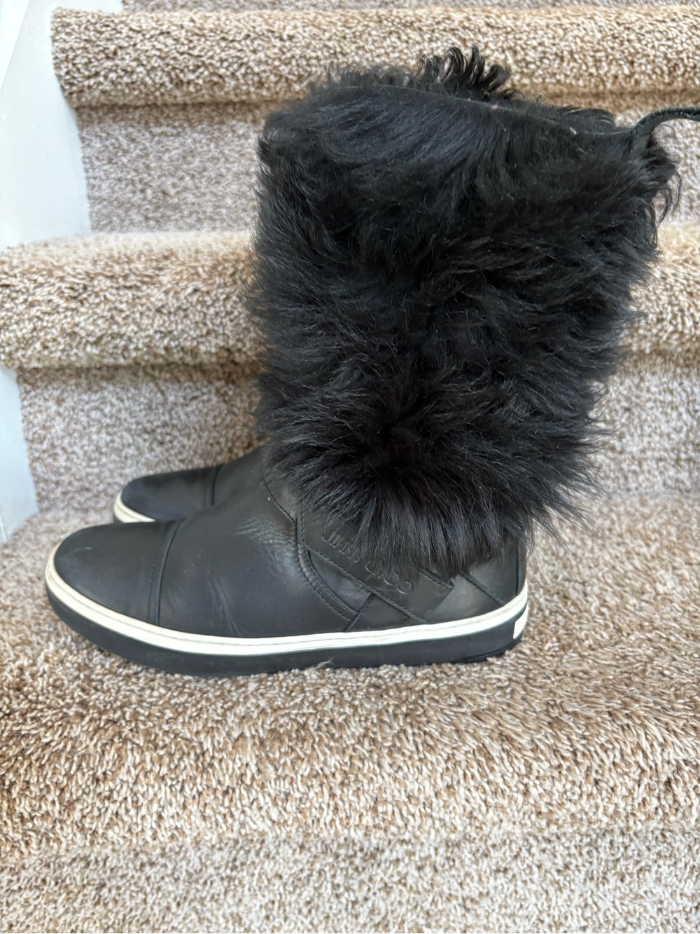Jimmy Choo Women’s Black Leather Faux Fur Mid-Calf Winter Boots